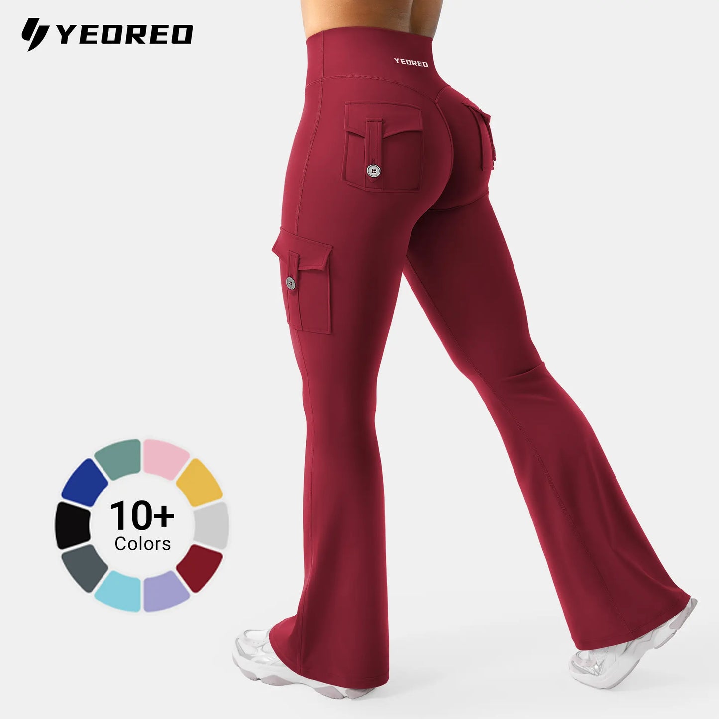 YEOREO Coreflex Women'S Workout Flare Leggings with Pockets Hidden Scrunch High Waisted Cargo Gym Yoga No Front Seam Leggings Flared Joggers Fitness Outfit Camouflage Sports Pants 75% Nylon 25% Spandex