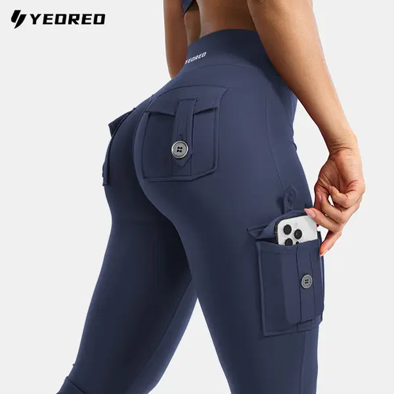 YEOREO Coreflex Women'S Workout Flare Leggings with Pockets Hidden Scrunch High Waisted Cargo Gym Yoga No Front Seam Leggings Flared Joggers Fitness Outfit Camouflage Sports Pants 75% Nylon 25% Spandex