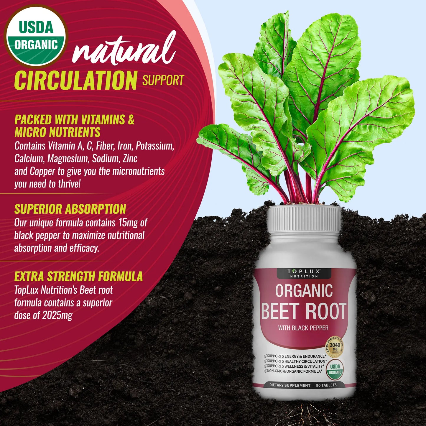 Toplux Organic Beet Root Tablets - Nitric Oxide Booster Beetroot Supplement 2040Mg