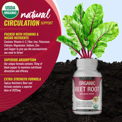 Toplux Organic Beet Root Tablets - Nitric Oxide Booster Beetroot Supplement 2040Mg