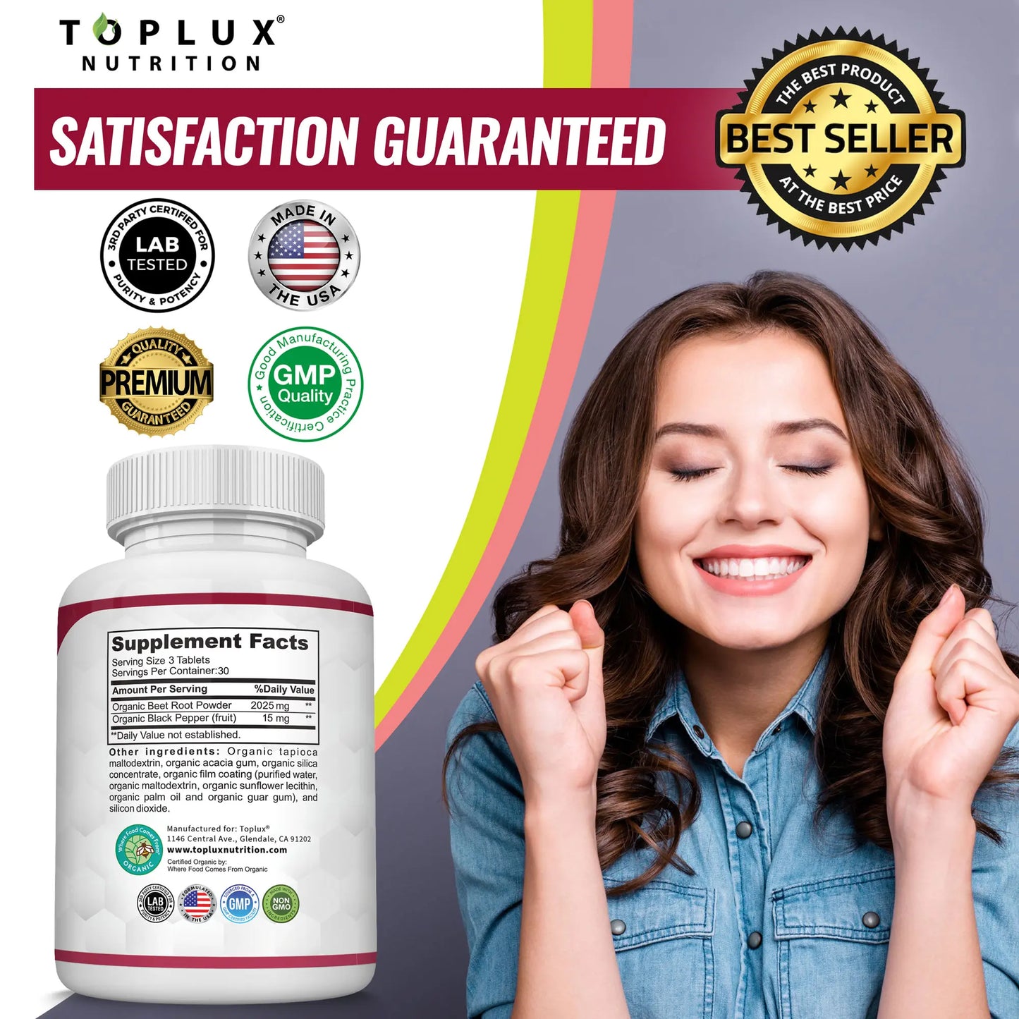 Toplux Organic Beet Root Tablets - Nitric Oxide Booster Beetroot Supplement 2040Mg