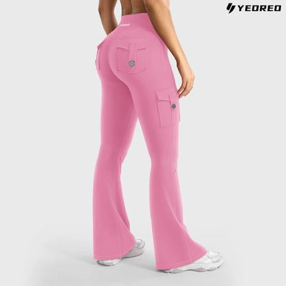 YEOREO Coreflex Women'S Workout Flare Leggings with Pockets Hidden Scrunch High Waisted Cargo Gym Yoga No Front Seam Leggings Flared Joggers Fitness Outfit Camouflage Sports Pants 75% Nylon 25% Spandex