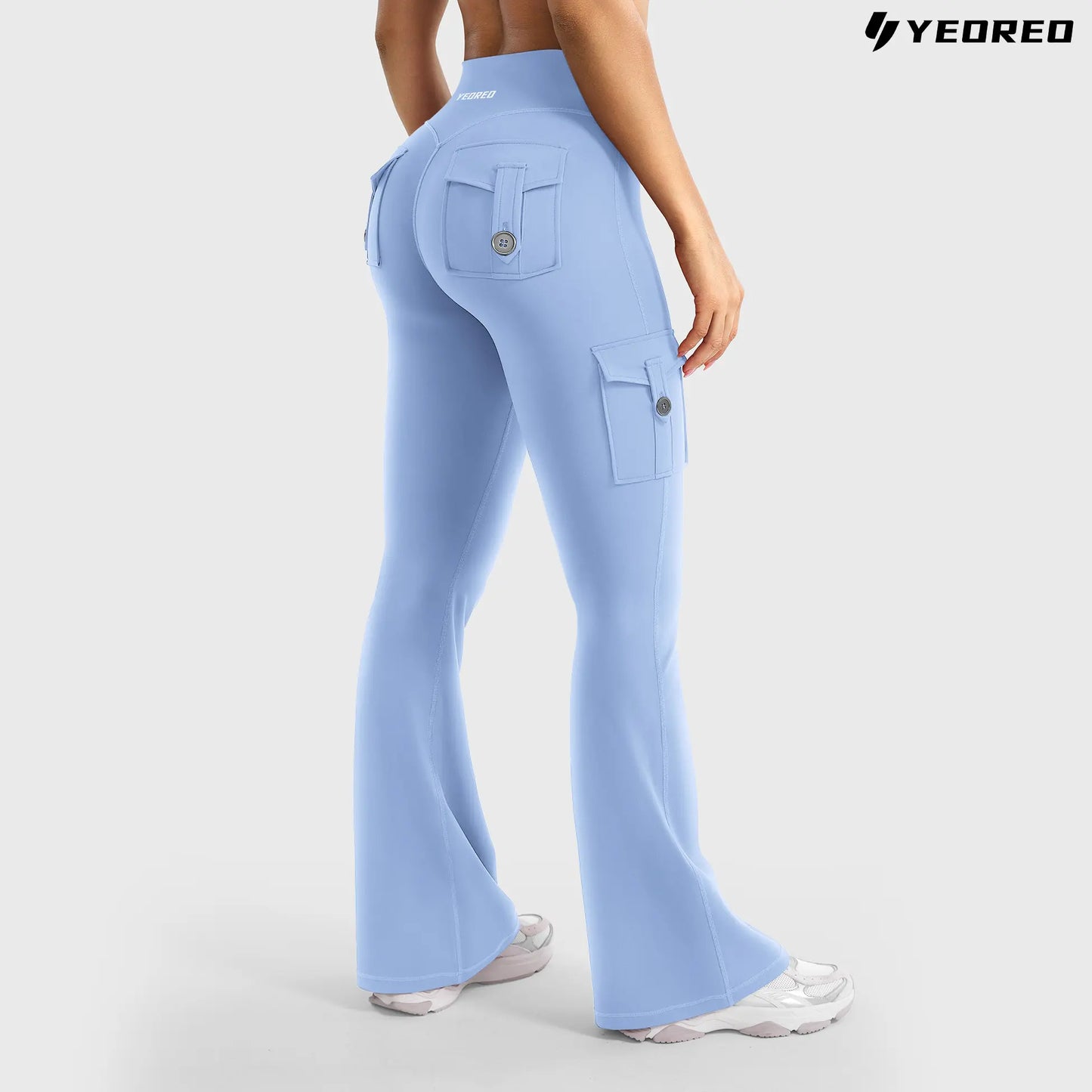 YEOREO Coreflex Women'S Workout Flare Leggings with Pockets Hidden Scrunch High Waisted Cargo Gym Yoga No Front Seam Leggings Flared Joggers Fitness Outfit Camouflage Sports Pants 75% Nylon 25% Spandex