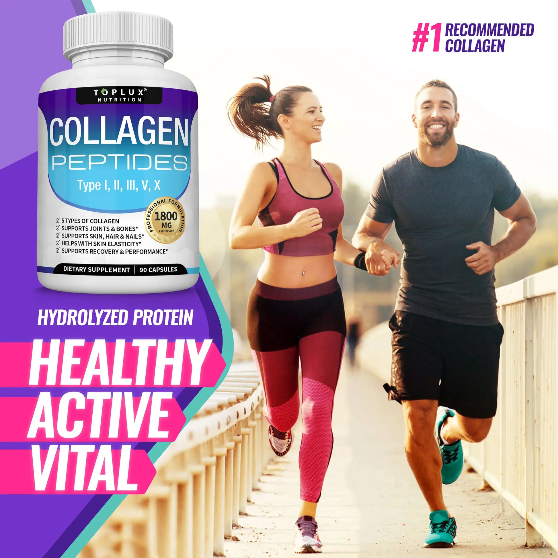Toplux Nutrition Collagen Peptides 5 Types Complex 1800Mg US Made Dietary Supplement for Health Beauty Fitness 90 Capsules