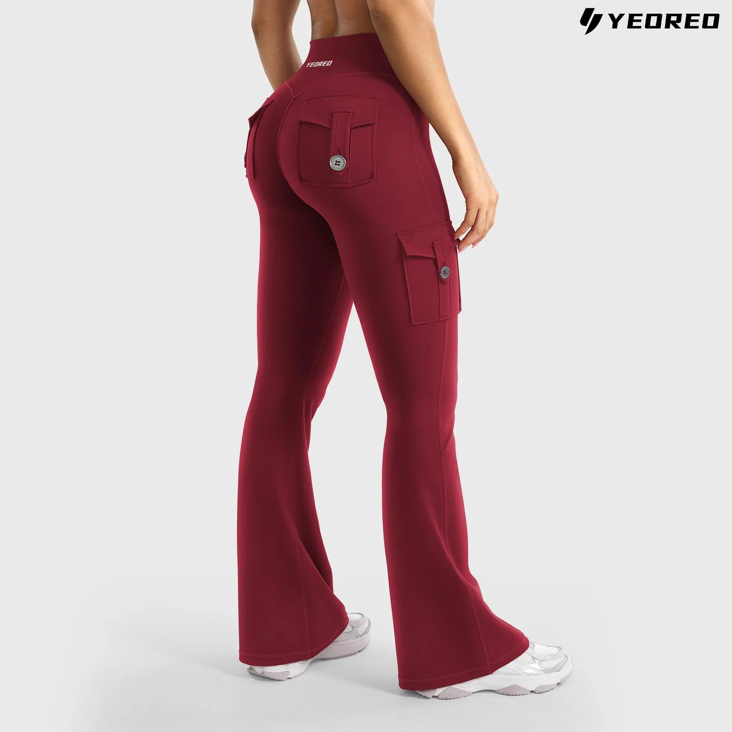 YEOREO Coreflex Women'S Workout Flare Leggings with Pockets Hidden Scrunch High Waisted Cargo Gym Yoga No Front Seam Leggings Flared Joggers Fitness Outfit Camouflage Sports Pants 75% Nylon 25% Spandex