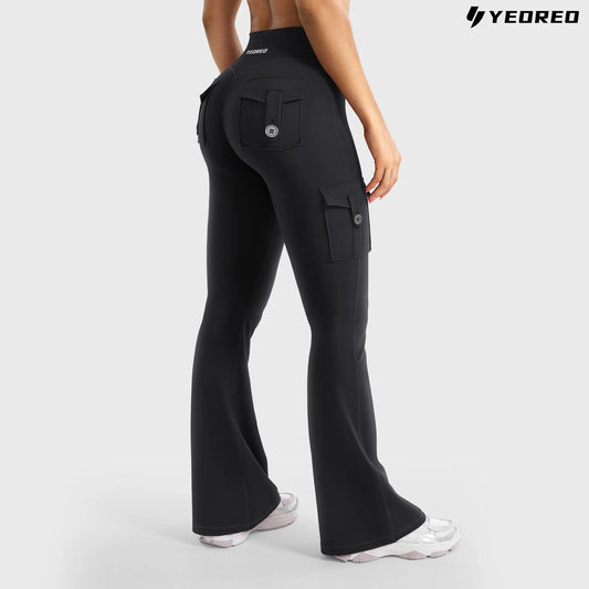 YEOREO Coreflex Women'S Workout Flare Leggings with Pockets Hidden Scrunch High Waisted Cargo Gym Yoga No Front Seam Leggings Flared Joggers Fitness Outfit Camouflage Sports Pants 75% Nylon 25% Spandex