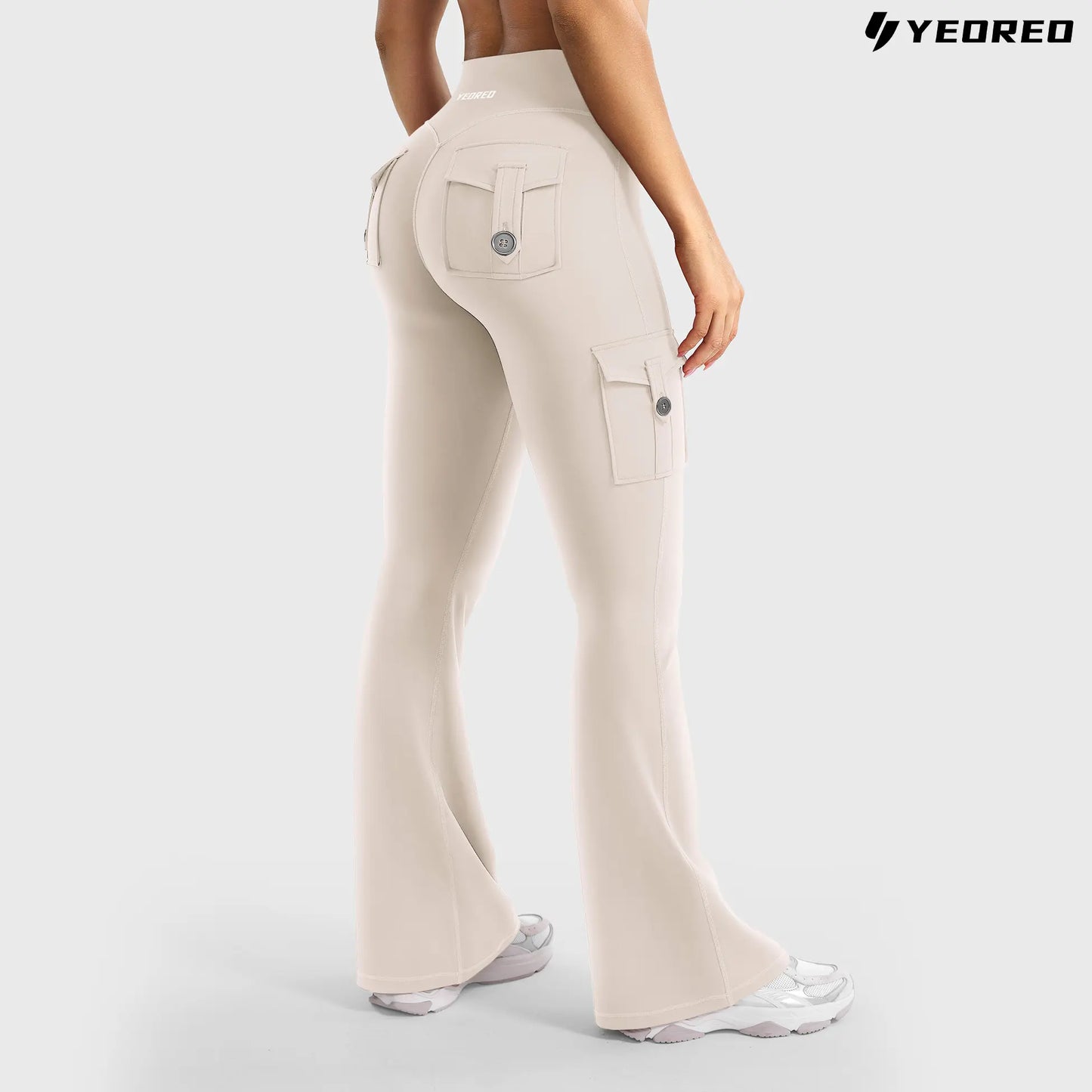 YEOREO Coreflex Women'S Workout Flare Leggings with Pockets Hidden Scrunch High Waisted Cargo Gym Yoga No Front Seam Leggings Flared Joggers Fitness Outfit Camouflage Sports Pants 75% Nylon 25% Spandex