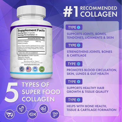 Toplux Nutrition Collagen Peptides 5 Types Complex 1800Mg US Made Dietary Supplement for Health Beauty Fitness 90 Capsules