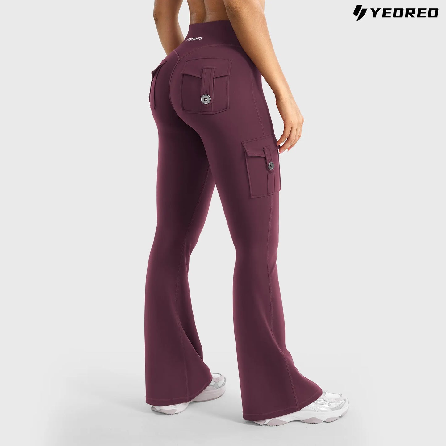 YEOREO Coreflex Women'S Workout Flare Leggings with Pockets Hidden Scrunch High Waisted Cargo Gym Yoga No Front Seam Leggings Flared Joggers Fitness Outfit Camouflage Sports Pants 75% Nylon 25% Spandex